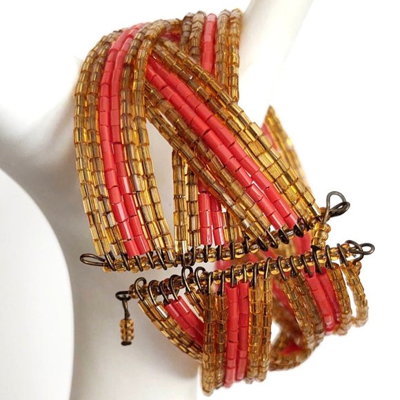Gold and orange bugle bead memory wire cuff - Picture 4 of 10